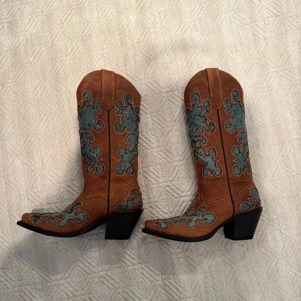 NEW Vintage Brown and Turquoise Leather Cowboy Boots, Nashville Boot Co,  US 7 - Picture 4 of 6